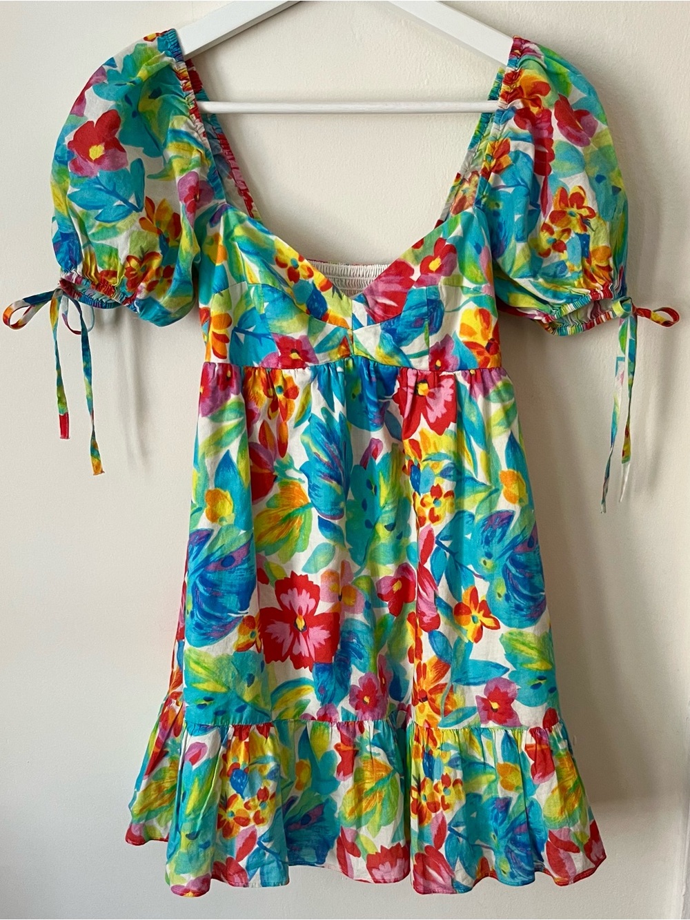 Amanda Uprichard • XS • Babydoll Puff Sleeve Mini Dress Vibrant Colorful Floral